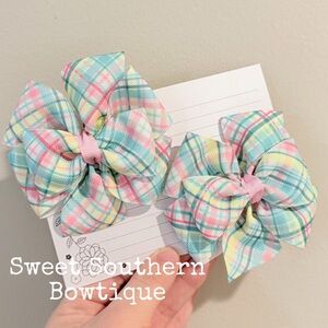 Aqua Pink Yellow Plaid Pinwheel Hair Bow Pair Set